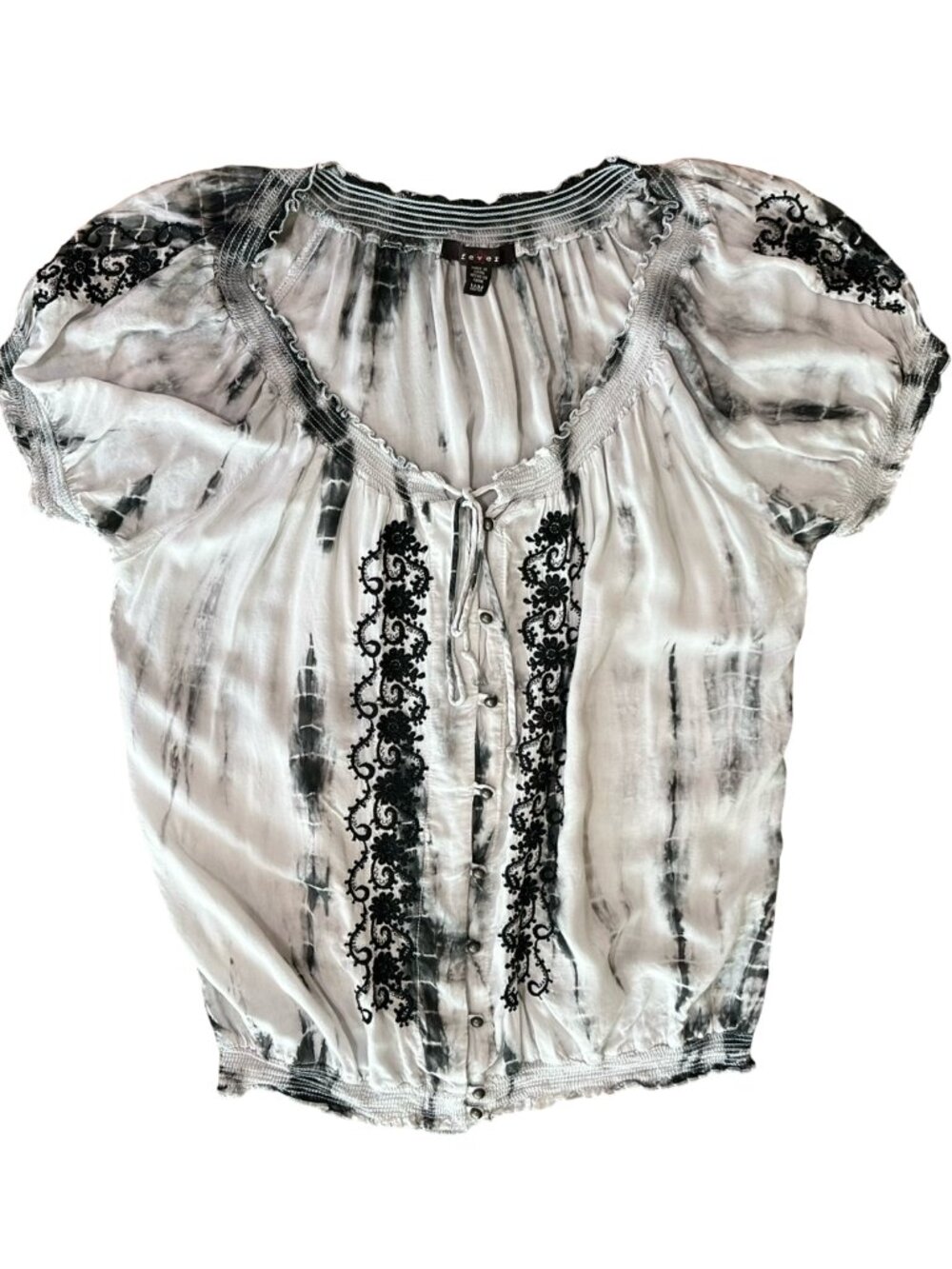 Fever Boho Peasant Top Black Gray Tie Dye Embroidered Smocked Womens M Y2K Fest